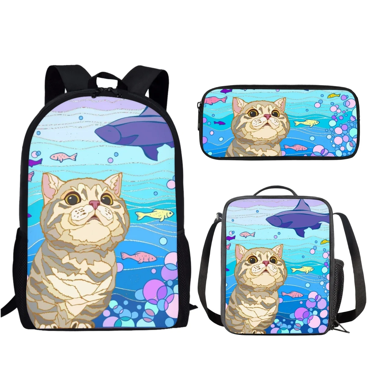 Sacos escolares com estojo de lápis, desenho de desenhos animados, aquarela, estampa de gato bonito, mochilas escolares para meninas universitárias, animais