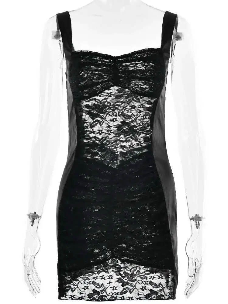 BabYoung Patchwork Satin See Through Lace Women Black Spaghetti Strap Mini Dress Female Spring Slim Elegant Party Clubwear