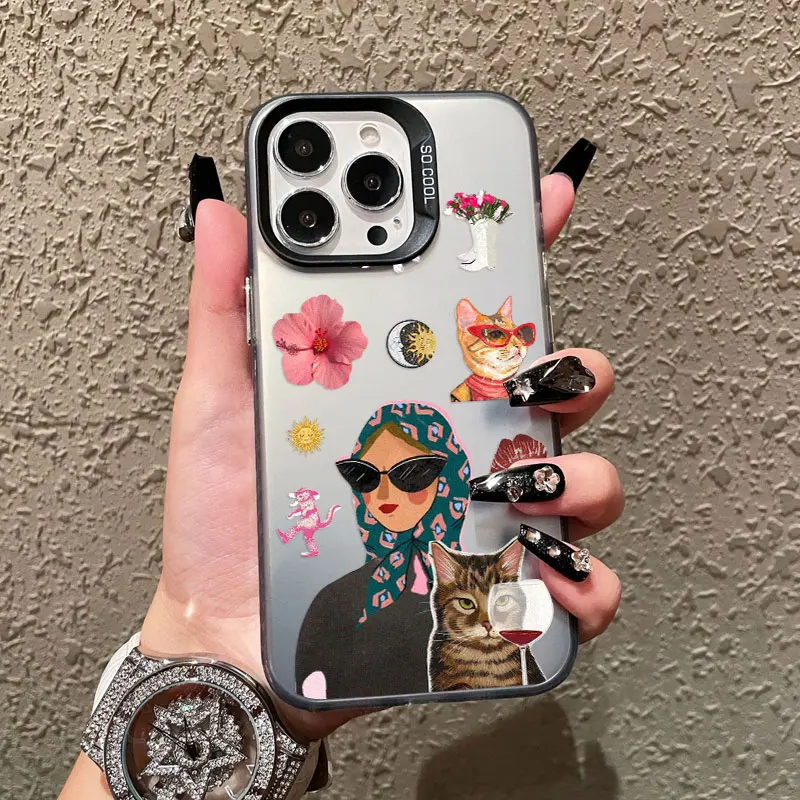 Weiße Katze und Mode Frauen Muster Handyhülle für Samsung S24 S23 Ultra Plus FE S25 S22 Ultra Plus S21 FE Laser stoßfeste Hülle