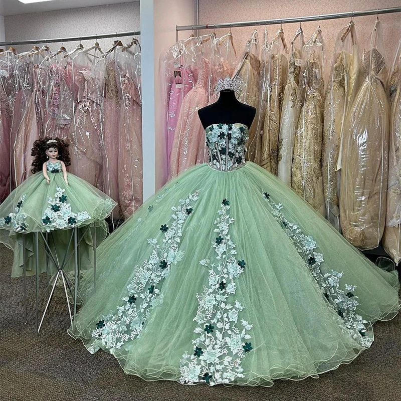 Actual Image Sage Green Quinceanera Dress 3D Flower Appliques Beads Crystal Birthday Prom Sweet 16 Gown Vestidos De 15 Años New