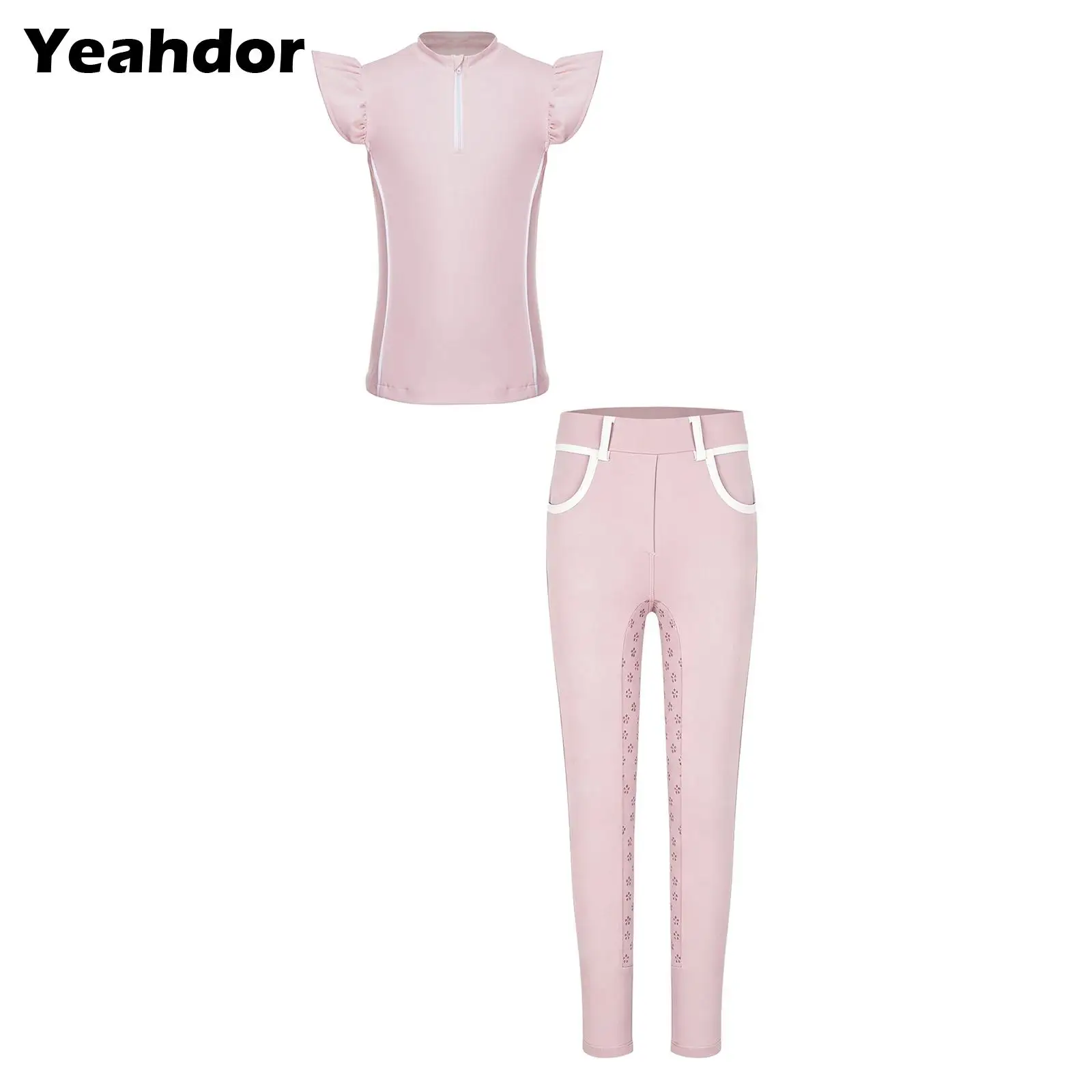 kids-girls-sports-equestrian-outfit-ruffled-sleeves-zipper-contrasting-trim-top-and-horse-riding-pants-trousers-set
