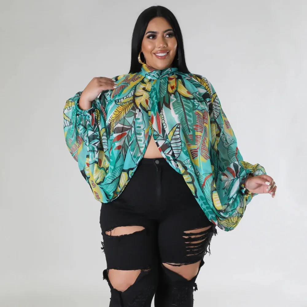 SOMO Plus Size Fashion New Women\'s Round Neck Open Back Chiffon Lace Up Long Sleeve Gradient Print Top Wholesale Dropshipping