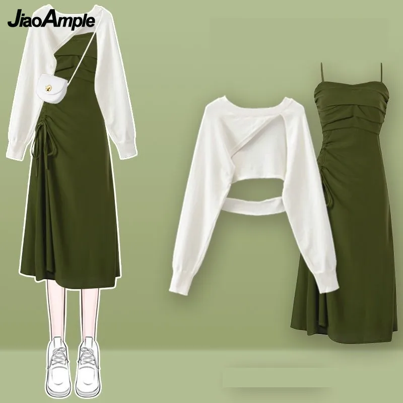 Women's fashion cut-out sweater+suspender Skirt two-piece set Korean Elegant New in Matching Set 2023 Spring Summer Dress Suit