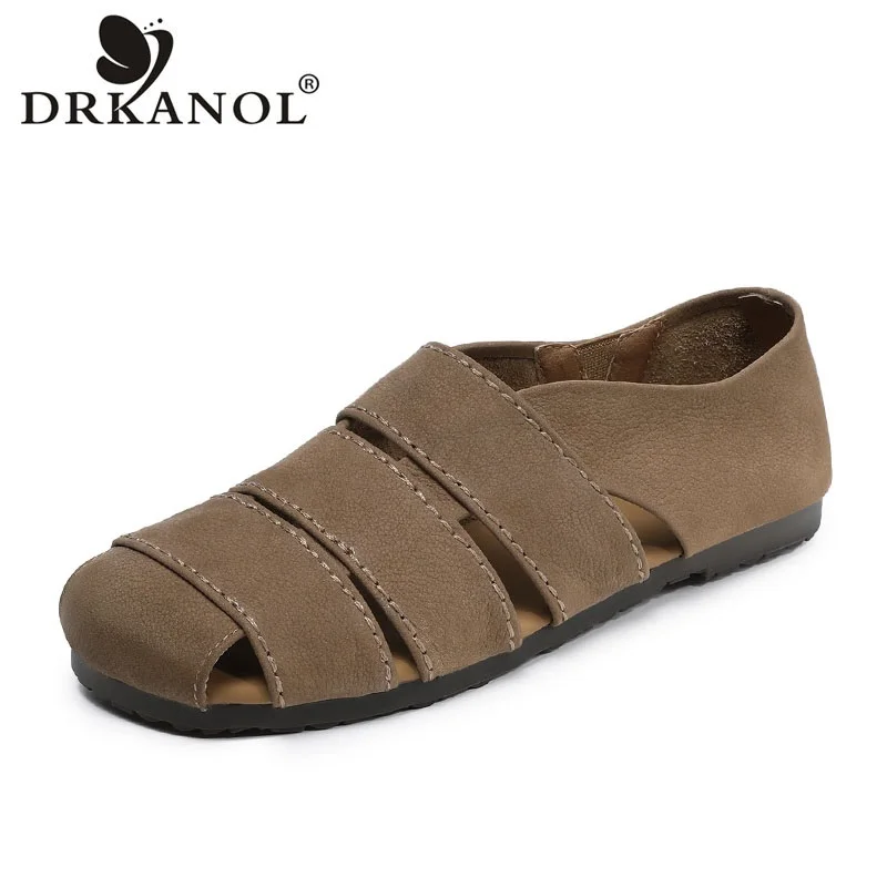 

DRKANOL Women Genuine Leather Flat Sandals Summer Hollow Out Breathable Shoes Retro Style Slip On Casual Roman Sandals H269169Z