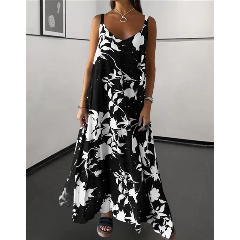 

【Party-Decoration】Women Dresses Summer Spaghetti Strap Sleeveless V Neck Sundress Boho Floral Vacation Maxi Dress Suspender Dres