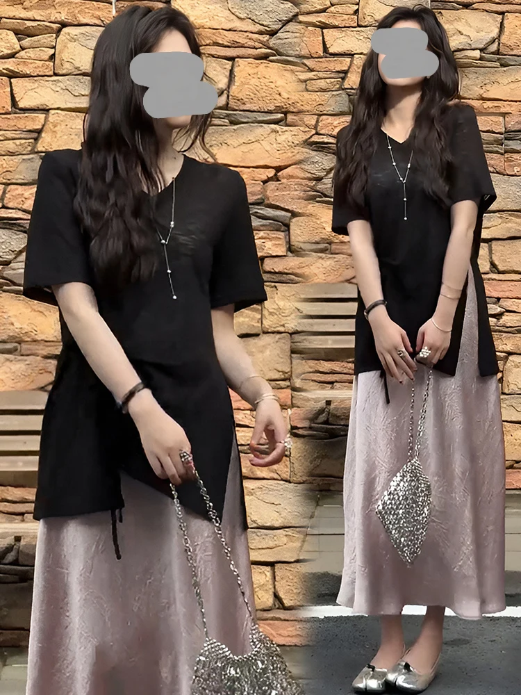 Summer New High Waist A-Line  Skirt And Short Sleeve T-Shirt Asymmetrical Slit Two-Piece Women's Fashion Set Yood Lovees view 2