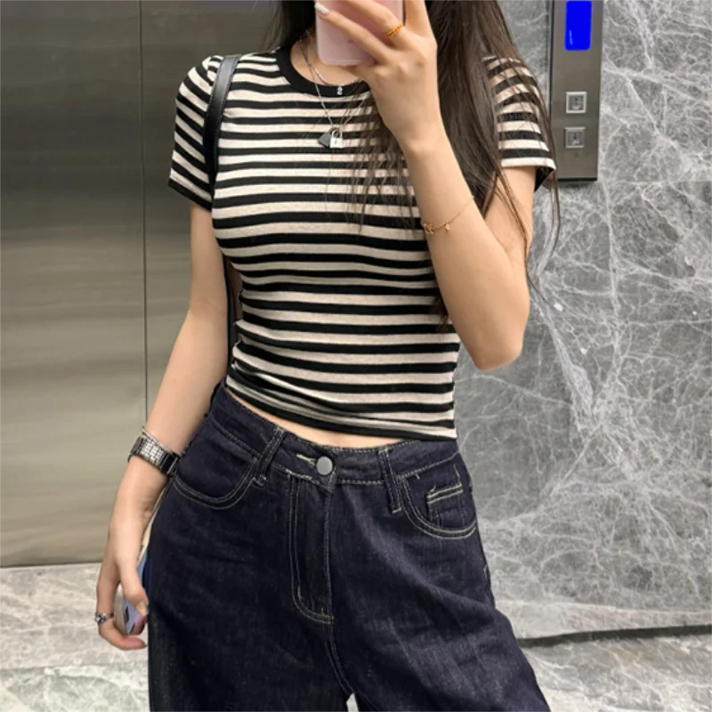 2026 Gestreifte Oberteile für Damen Rundhals Sommer Mode-Trend Kurzarm Crop Top Lässiges Einfaches T-Shirt