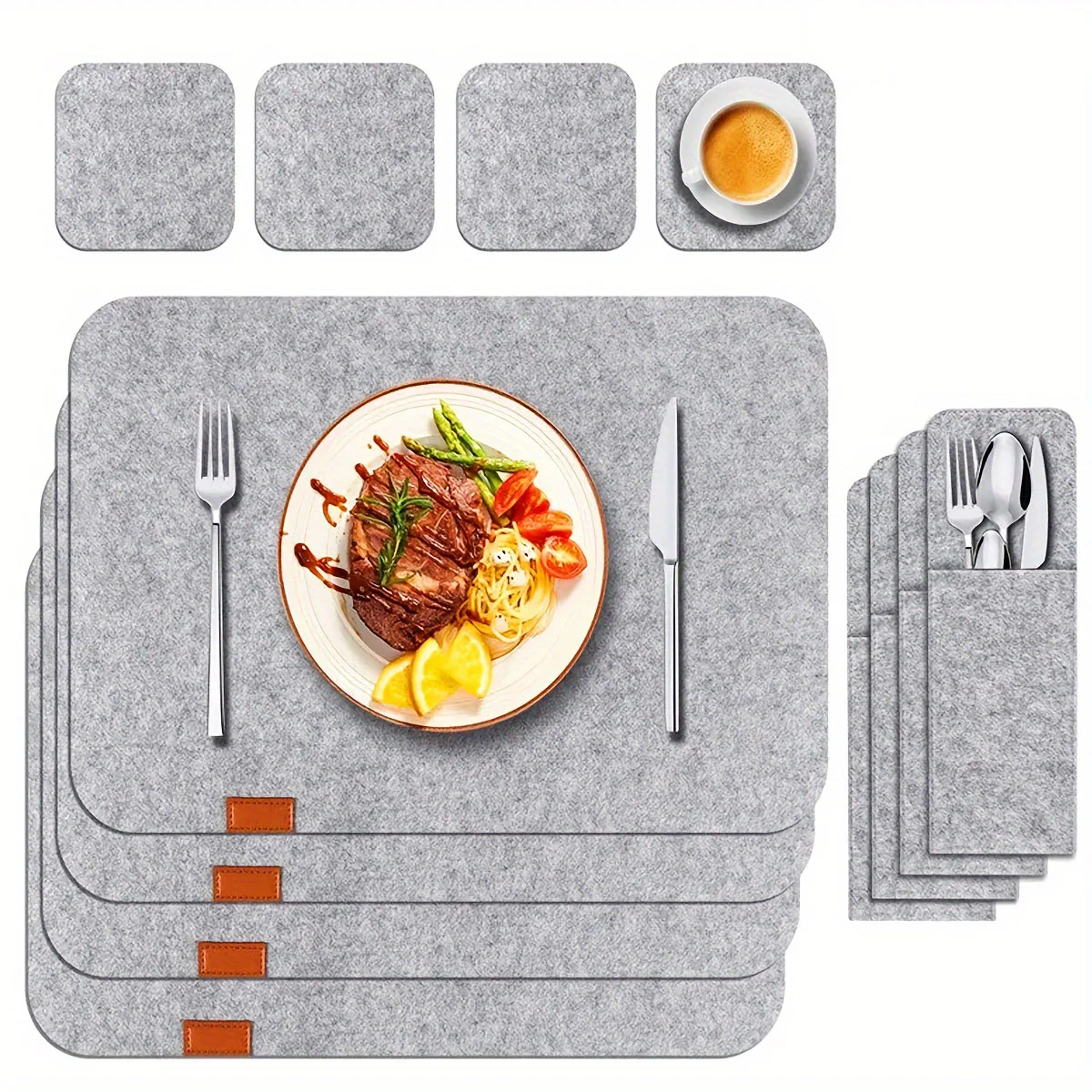 Meal mat knife and fork bag set,meal mat coaster, washable meal mat (4PCS meal mat+4PCS coaster+4PCS knife and fork bag)