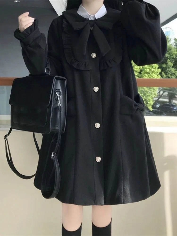 Japanese Sweet Bow Preppy Style Coat Women Patchwork Ruffled Harajuku A-line Jackets Y2k Aesthetic Grunge Single Breasted Jacket #2