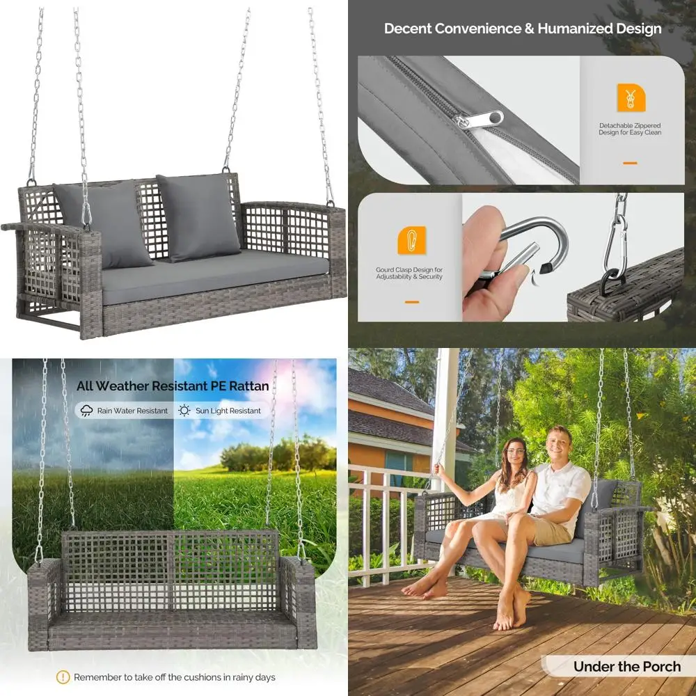 أرجوحة شرفة الروطان الخارجية مع وسائد، سعة 800 رطل، سلاسل قابلة للتعديل، كرسي مقعد أرجوحة من الخيزران للحديقة والسطح