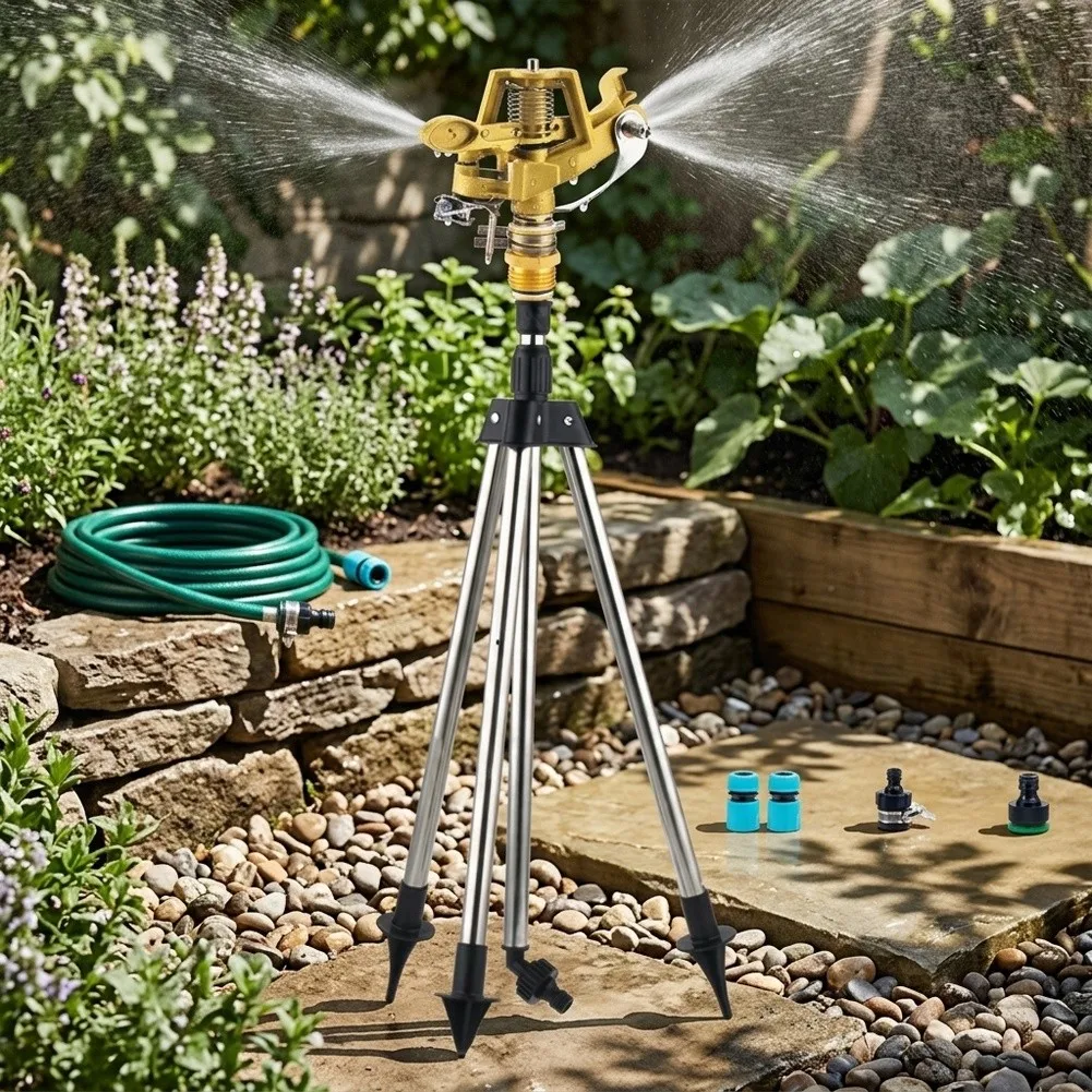 Automatic Rotating Tripod Sprinkler for Efficient Lawn and Garden Watering with Adjustable Height and Spray Settings