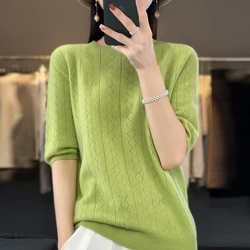 Spring and summer new 100% merino wool twist short sleeve cashmere sweater female basic pullover Korean fashion