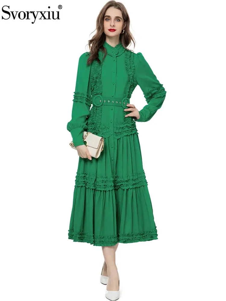 

Svoryxiu Fashion Designer Autumn Green Elegant Long Dress Women's Flounces Collar Button Belt Slim Cascading Flounces Dress