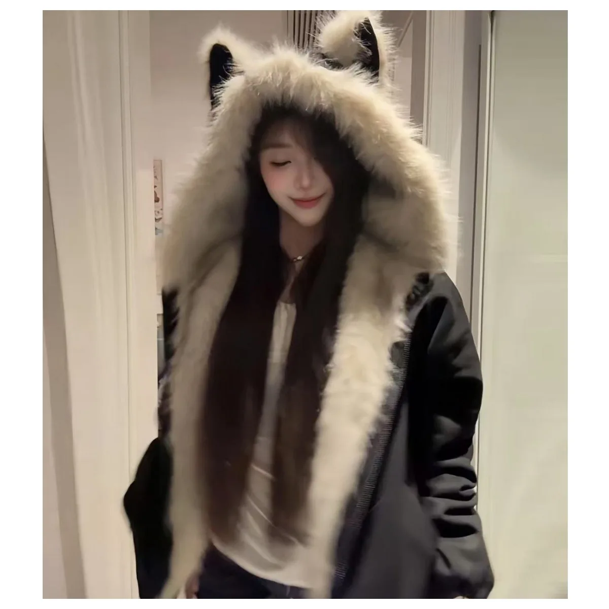 Amerykańska kurtka damska w stylu górskim z kapturem w kształcie kocich uszu (chleb w kształcie uszu kota na parze), ocieplana watą, z kołnierzem z futra, nowość.