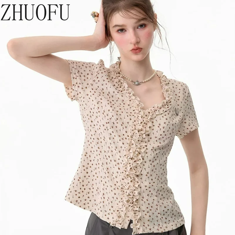 2026 Summer New Polka Dot Lace Splicing Women's Top Retro Sweet Design Slimming Thin Y2k V-neck Short-sleeved T-shirts Ladies