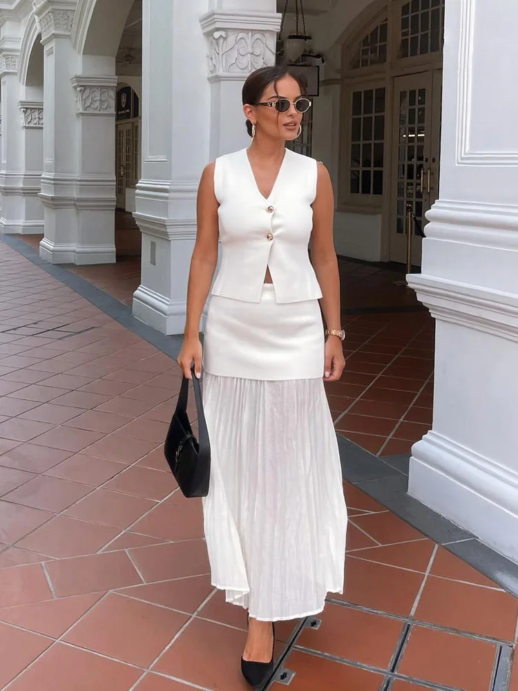 HH Women 2 Piece Set Chic V-Neck Sleeveless Button Knitted Vest Top+Splicing High Waist Side Zipper Ankle-Length Skirt