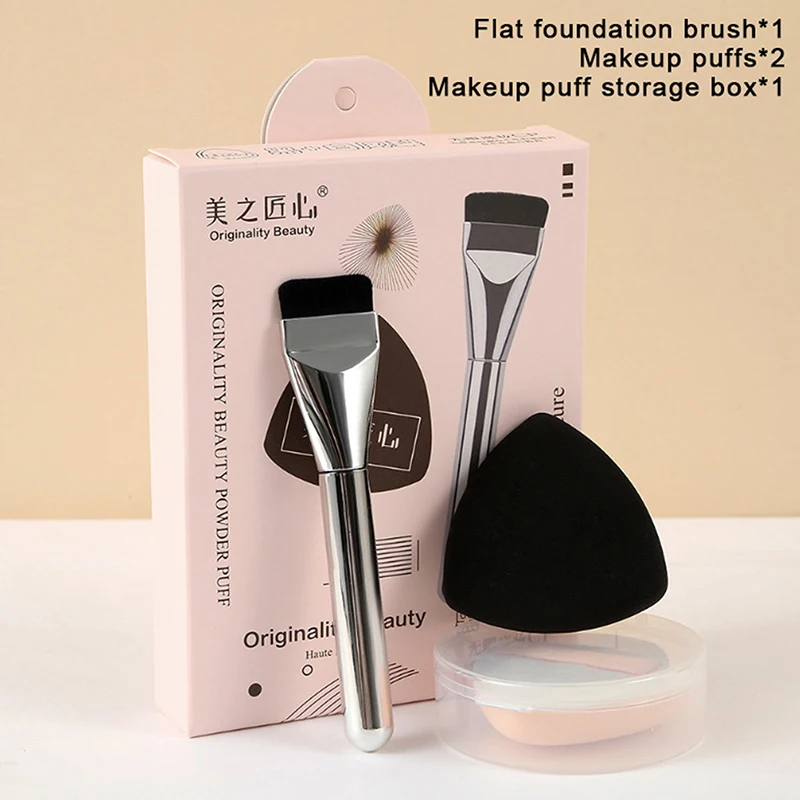 1 Juego de brocha triangular para base de cabeza plana, color blanco y negro, brocha para contorno, Mini esponja para dedo, corrector, herramienta de cojín de aire