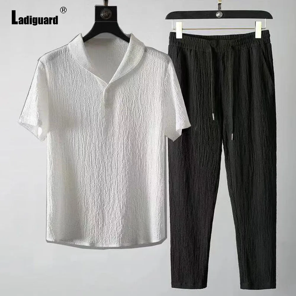 Ladiguard 2024 Men Casual Thin Two Piece Sets White Notched Blouse and Elastic Waist Pants Suit Male Stand Pocket Tracksuit Set