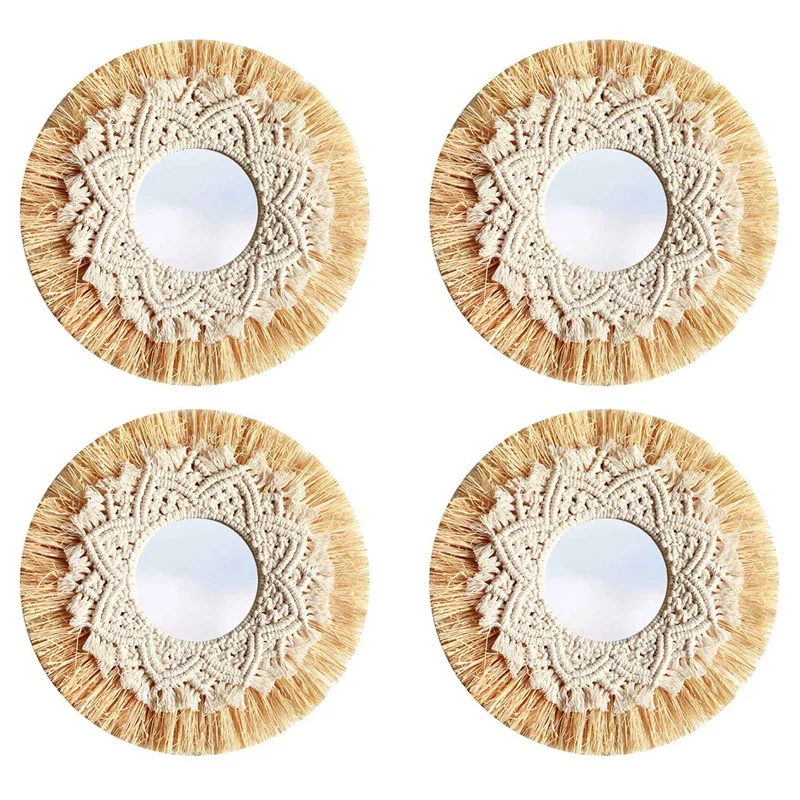 4X Nordic Straw Woven Hotel Bed And Breakfast Wall Boho Decor Handwoven Mirror Wall Decoration Macrame Decorative Mirror