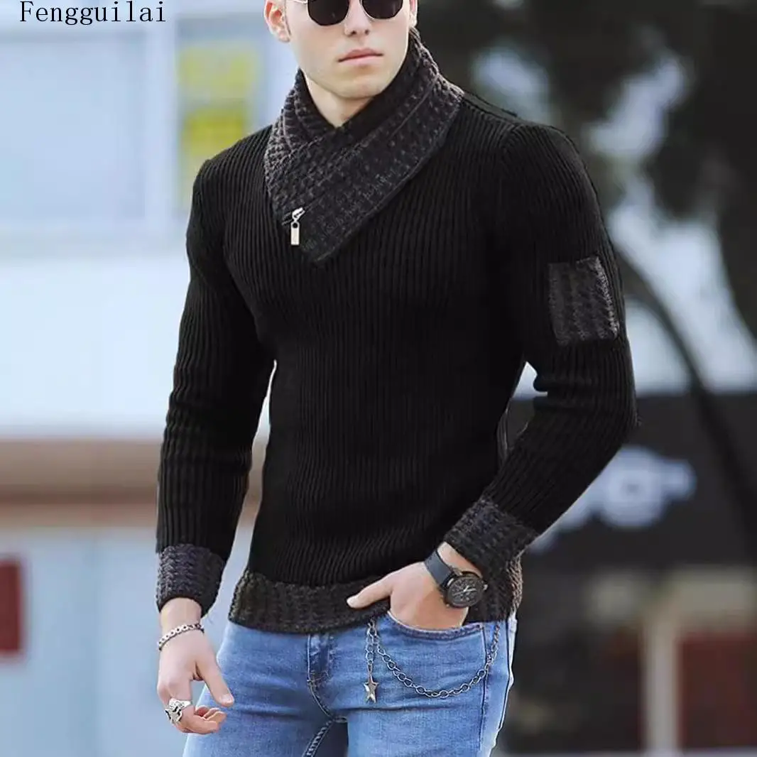 Mens Slim Ribbed Knit Pullover Asymmetrical Zipper Shawl Collar Color Block Long Sleeve Casual Sweater Jumper