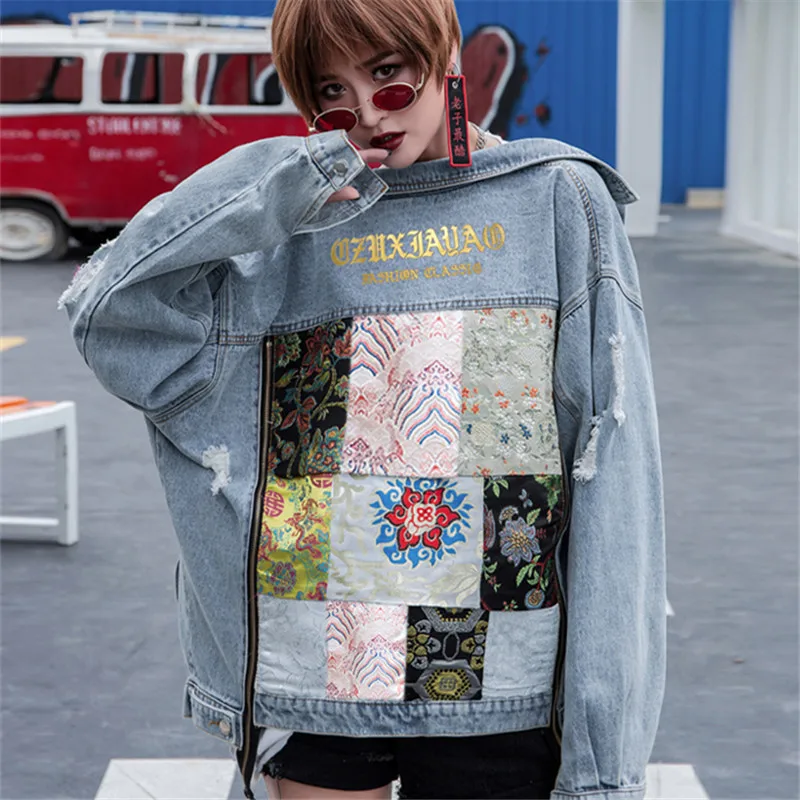 Boho Letter Embroidery Patch Splice Holes Big Pocket Denim Jacket Women Vintage Blue Streetwear Hip Hop Style Female Jeans Coat