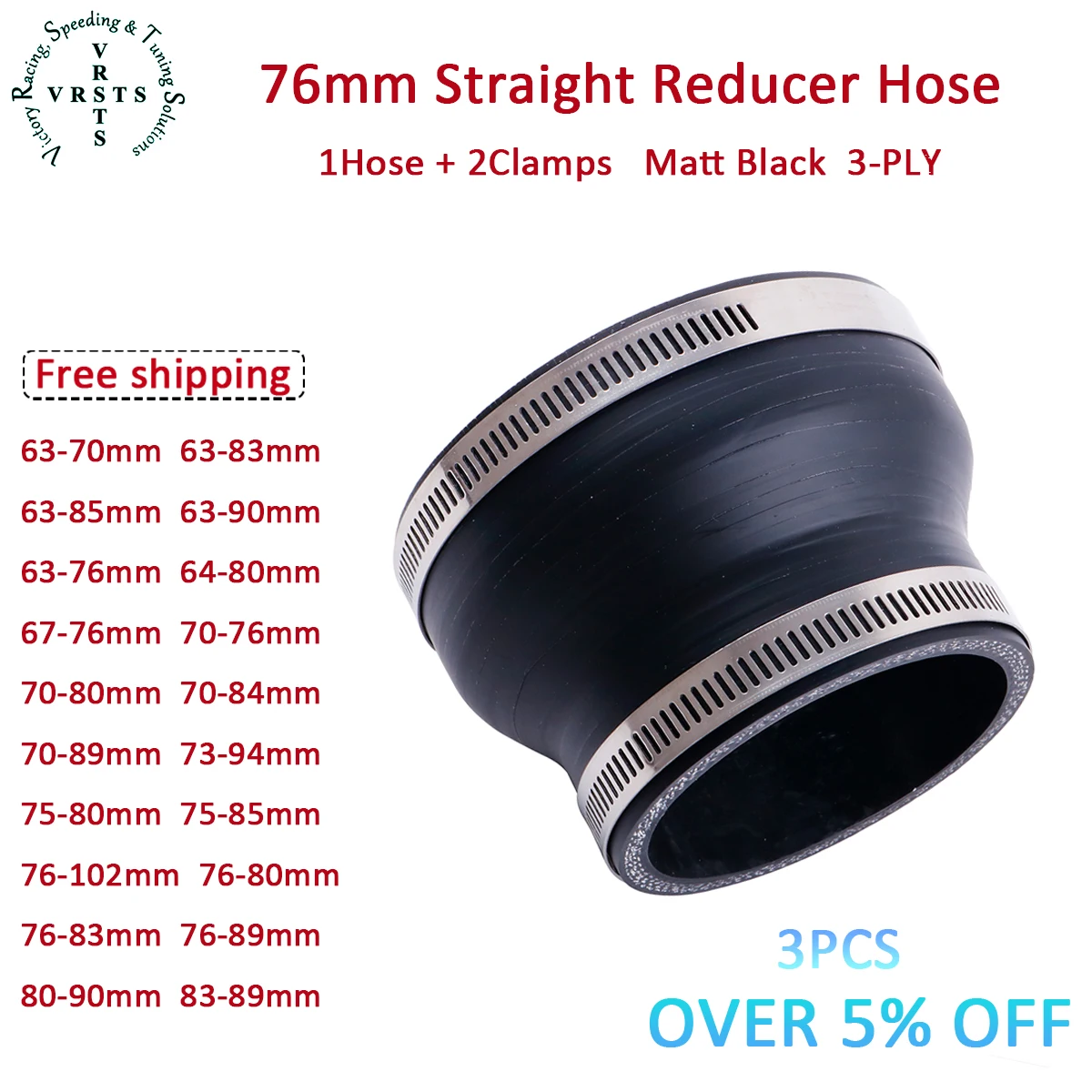 3PLY 76mm Length Silicone Straight Reducer Coolant Hose ID 63 70 83 85 90 76 64 67 76 84 89 75 76 MM 1PC Matt Black W/ 2 Clamps