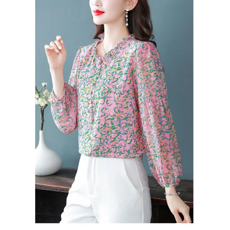 Summer New Pullovers Women\'s Printed V-Neck Button Ruffles Spliced Long Sleeve Fashion Chic Commuter Versatile Chiffon Shirt Top