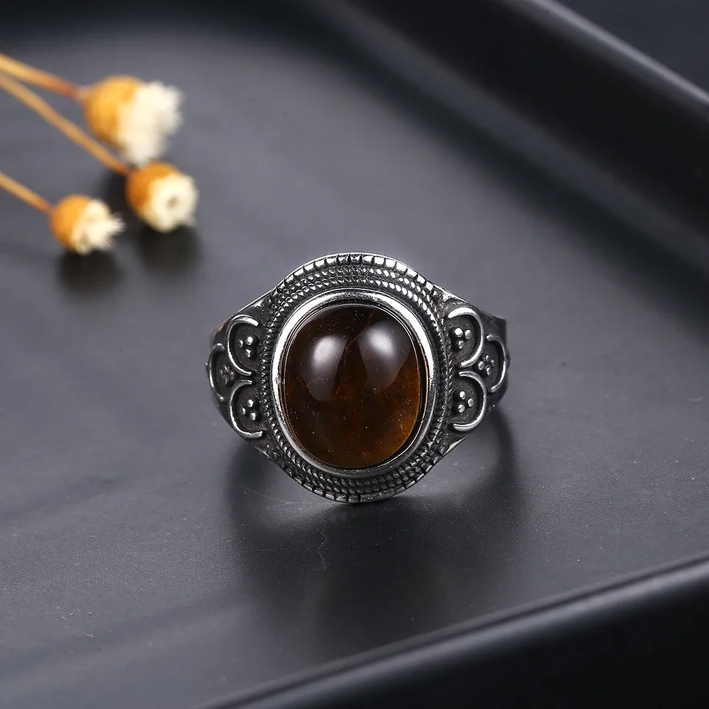 Retro Style Oval Natural Labradorite S925 Sterling Silver Ring Tiger Eye Jewelry Ring for Women Gift Engagement Wedding Party