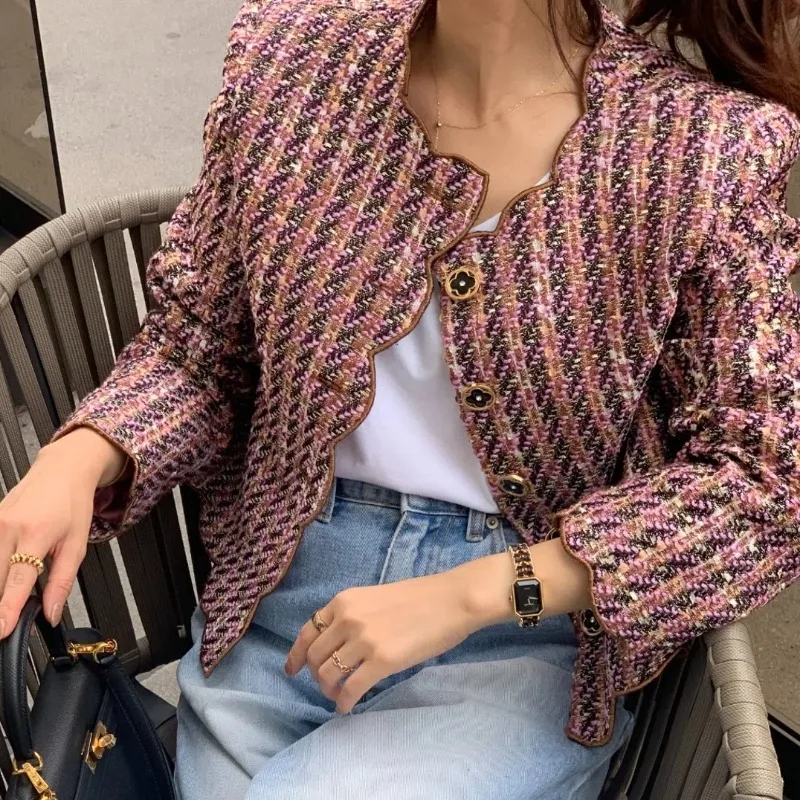 Women's Autumn Winter Tweed Short Jacket Coat Striped Wave Edge Single Breasted Outerwears Elegant Female Stylish Tops 2024