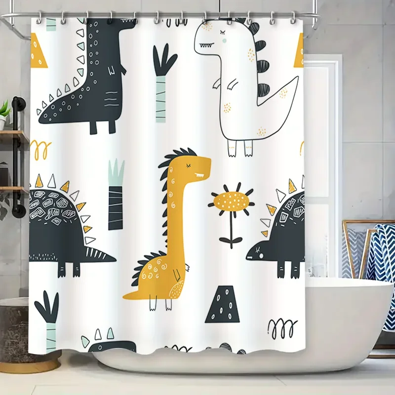 

Brightly Colored Kids Bathroom Decor Shower Curtain with Dinosaur Print for Toddlers Bath