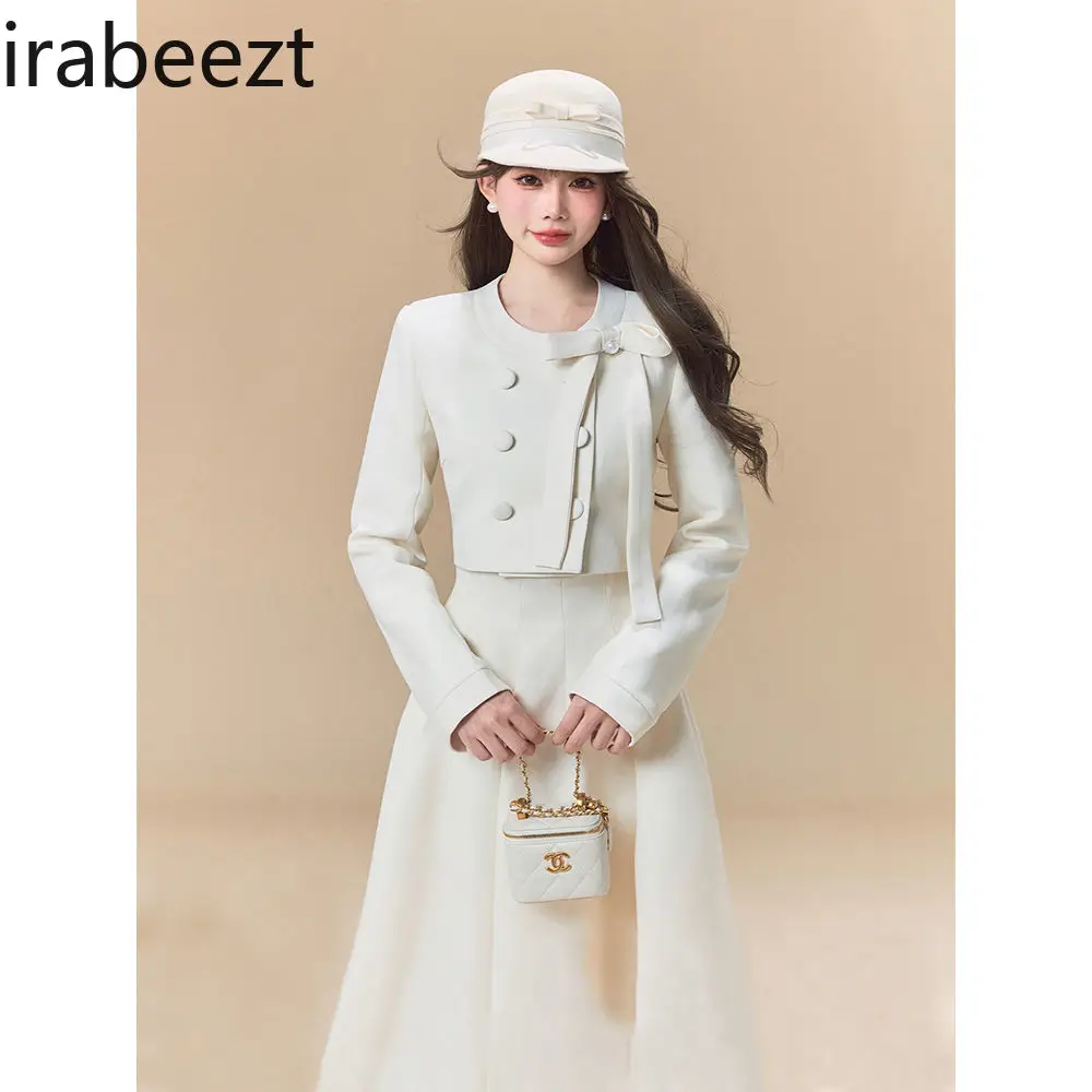 French Pearl Bow Breasted A-line Silhouette Long Skirt Fashion Set Retro Two-piece Women White Suit Women Blazer Set