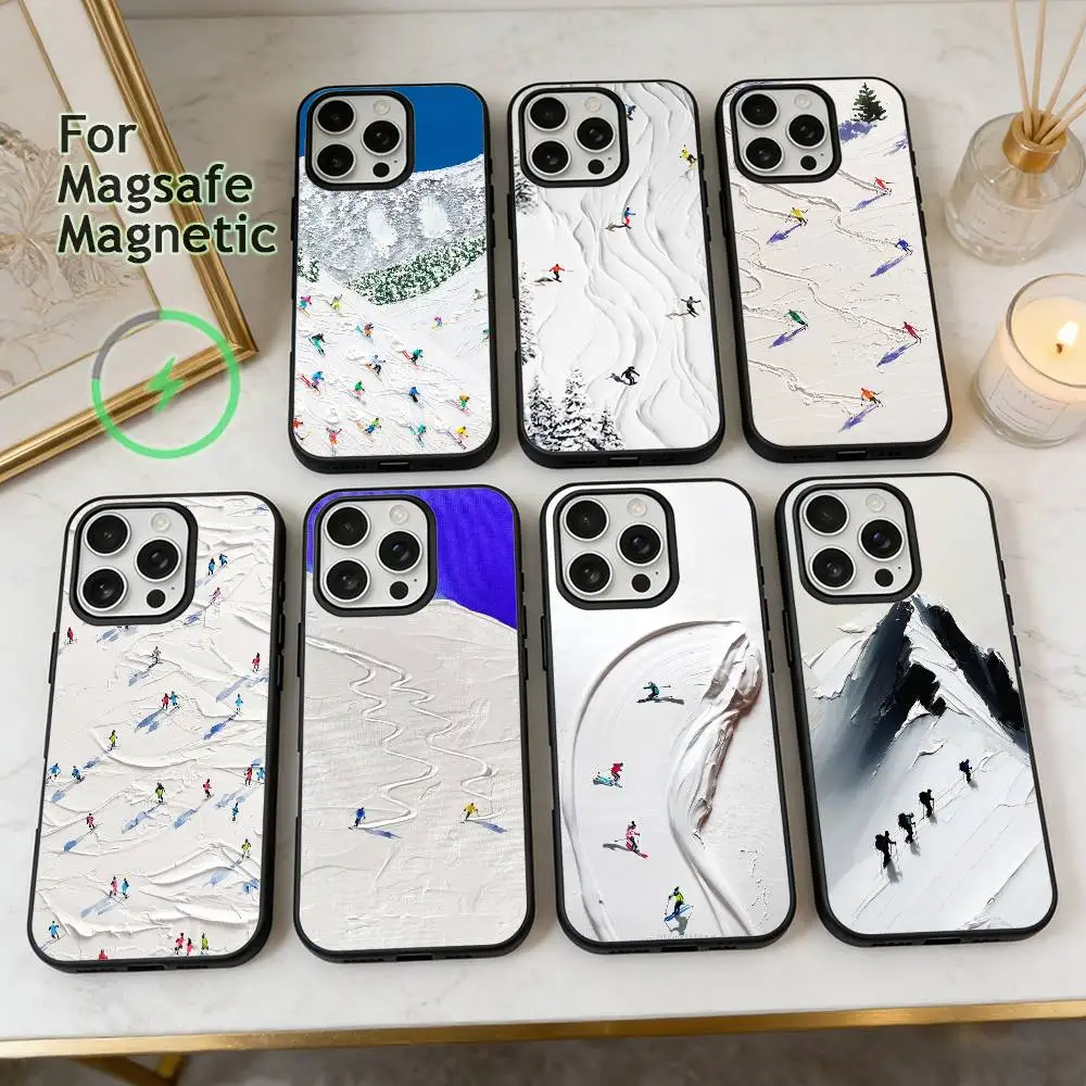

Skiing sports art oil painting style texture For iPhone17,16,15,14,13,12,11 Plus,Pro Max Magnetic Wireless Charging Phone Case