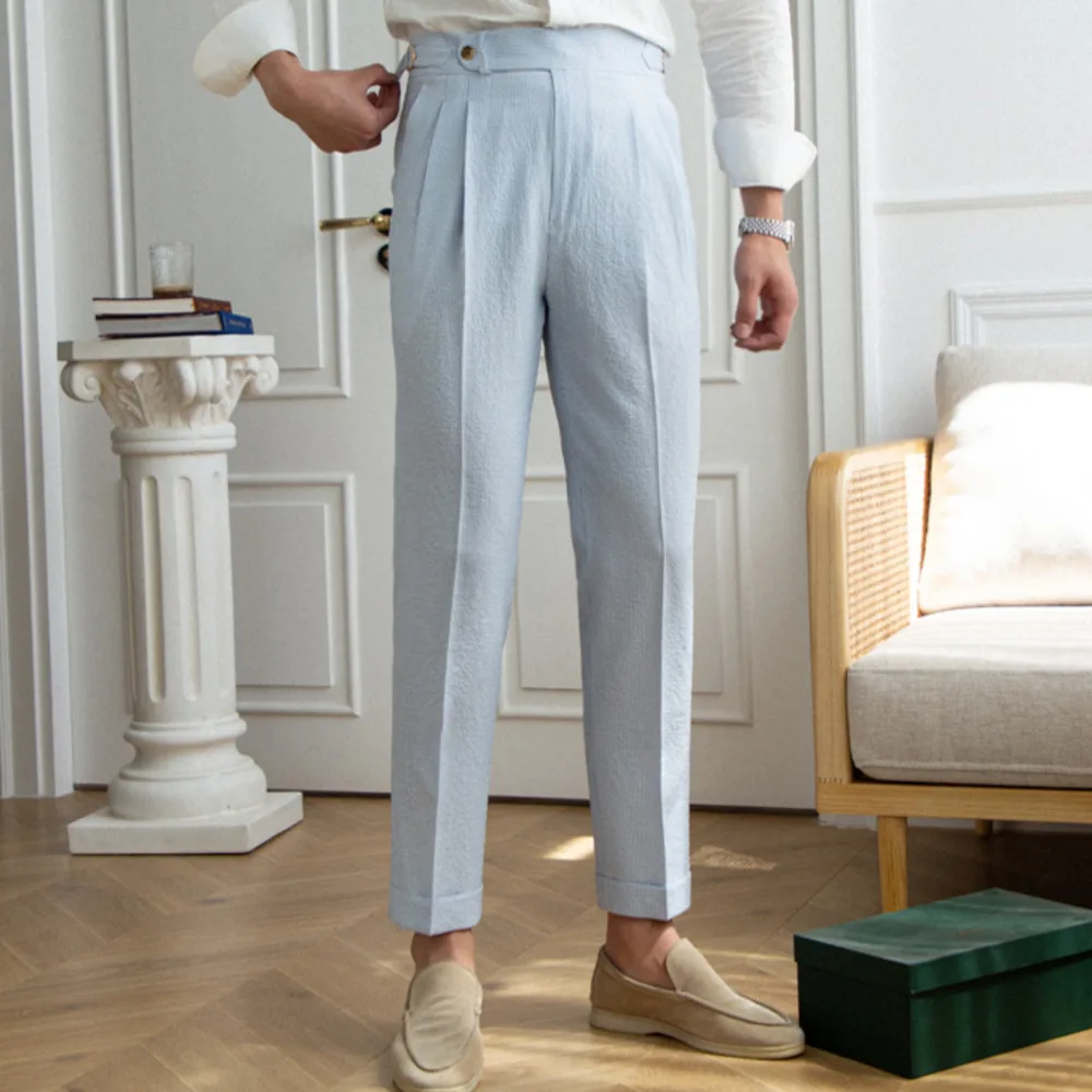 Summer Seersucker High Waist Straight Pants British Petty Bourgeoisie Blue Stripe Italian Casual Trousers Men Pantalones Hombre