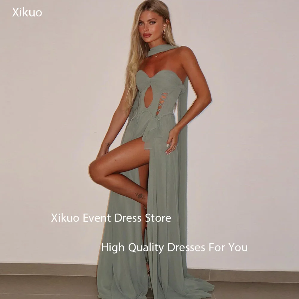 

Xikuo Elegant Chiffon Evening Gown Summer A Line High Side Slit Vestidos De Gala Sweetheart Pleated Party Prom Dress Customized