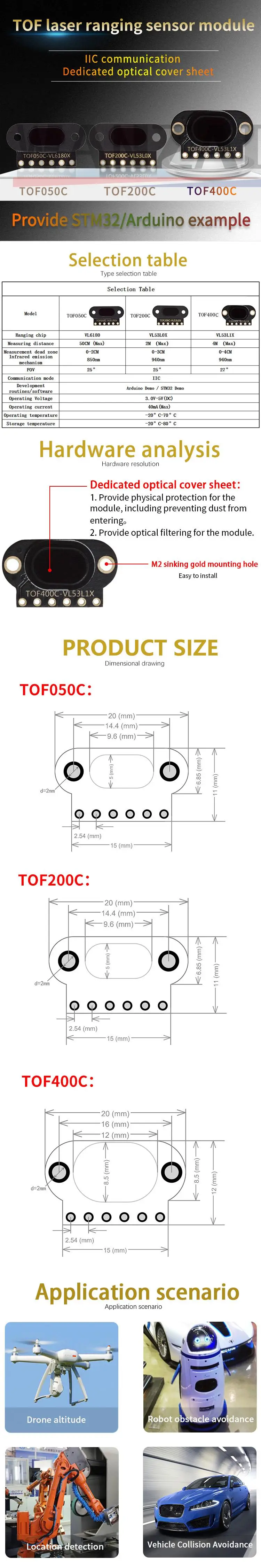 VL6180/VL53L0X/VL53L1X Time-of-Flight (ToF) Laser-Entfernungssensor-Modul TOF050C TOF200C TOF400C 50CM/2M/4M IIC für Arduino STM32 – Detail 2