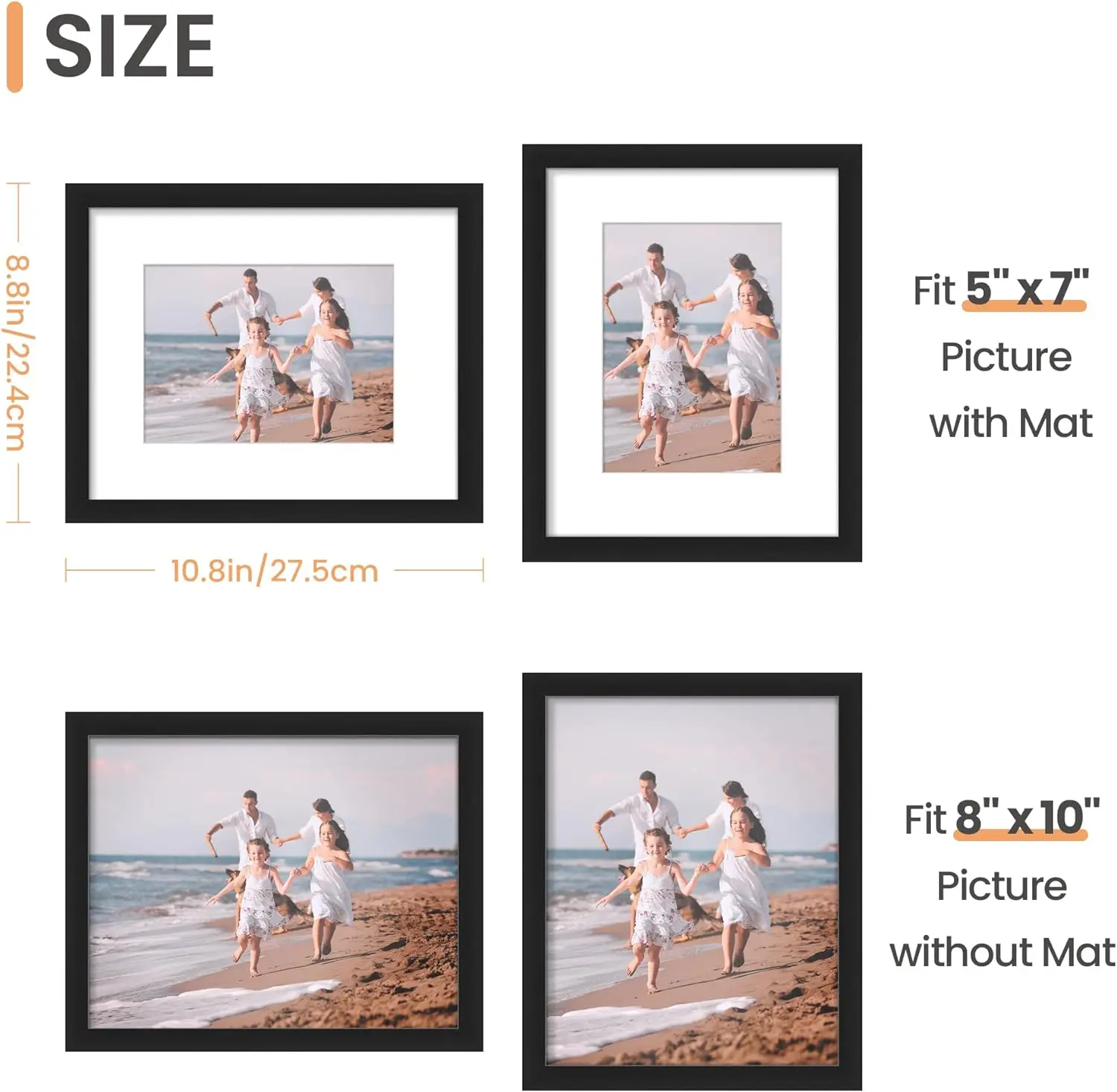 8x10 사진 액자 5개 세트, 매트 포함 5x7 사진 또는 매트 없이 8x10 사진 전시, 벽걸이 갤러리 사진 액자, 흰색/검정색