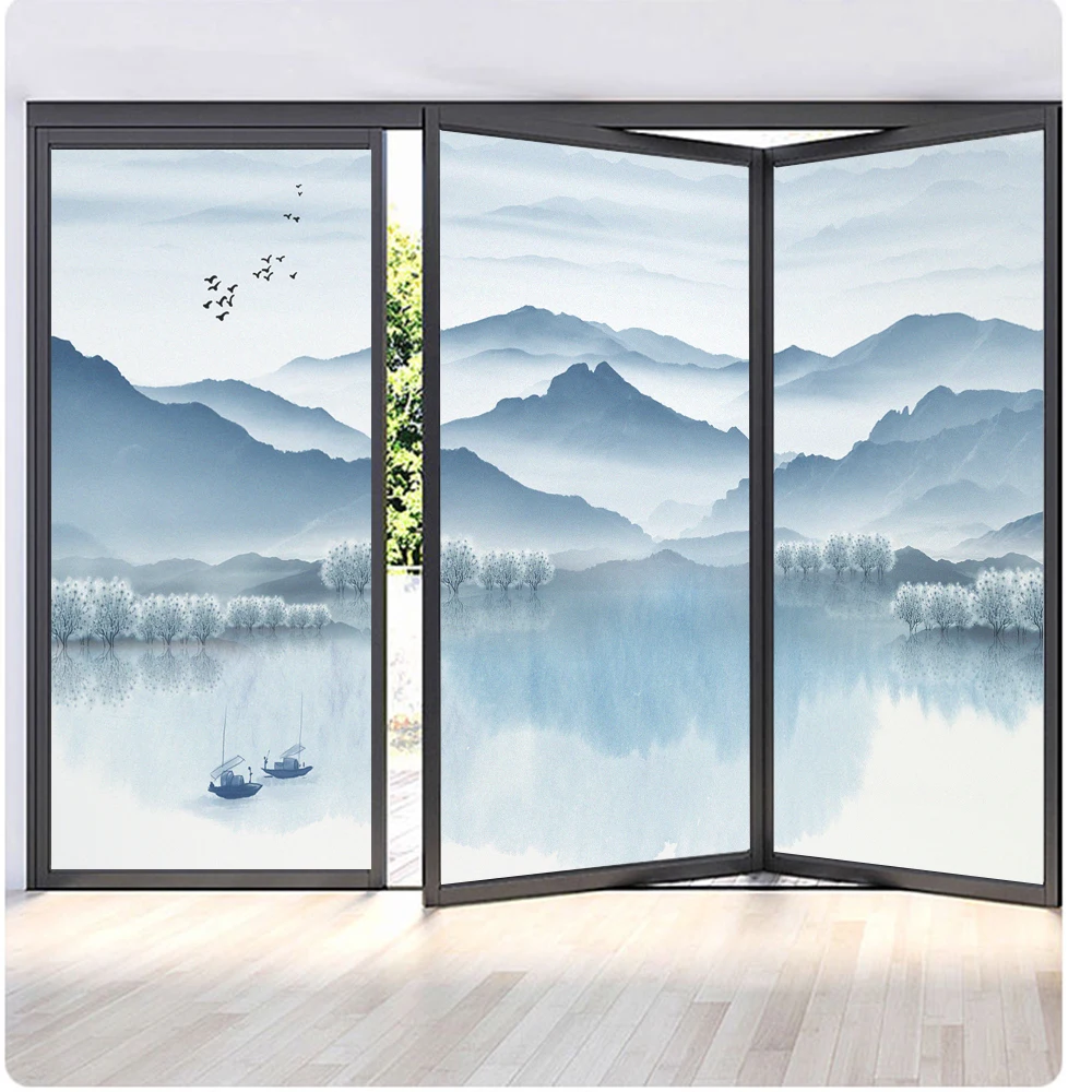 

Window Privacy Film UV Blocking Heat Control Window Covering Static Electricity Mountain Landscape Window Sticker for Decoration