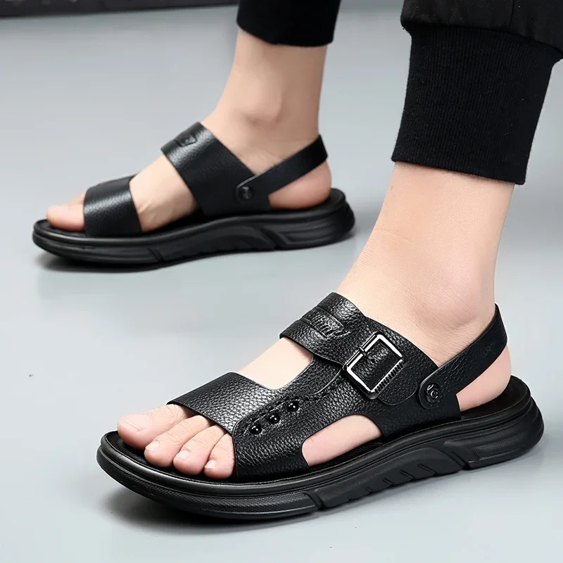 Ademende Sandalen Voor Zomerstrandschoenen Voor Heren, Supervezelleren Sandalen, Zachte Latex Kussentjes Met Zachte Zolen