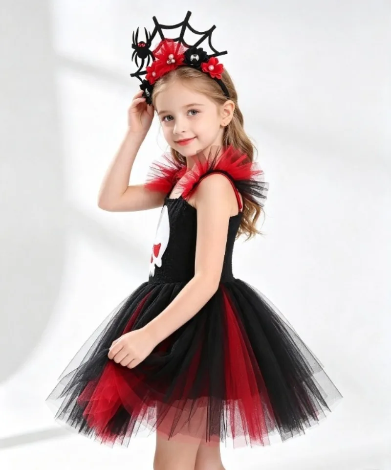 Girls Halloween Skull Tutu Dress Red Black Ghost Tulle Skirt Kids Carnival Birthday Stage Wear Spider Web Floral Hair Accessory
