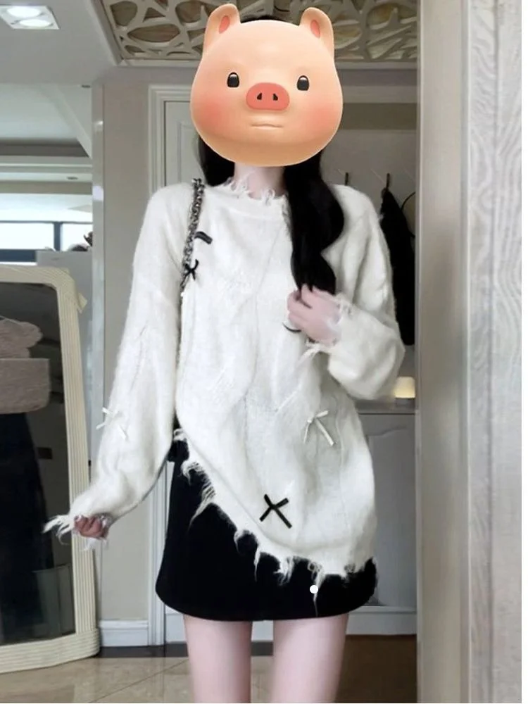 

Модный асимметричный белый потертый дизайн, женский трикотаж, мягкая уютная свободная верхняя одежда, зимняя маленькая зродка, сладкий сле