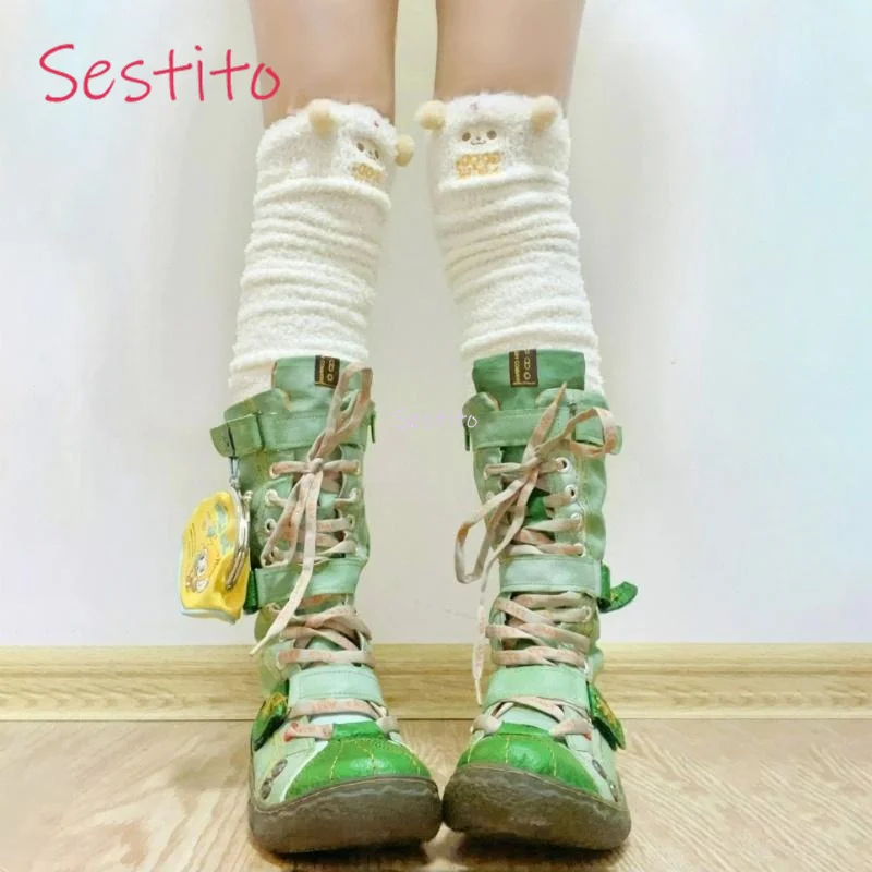 

Green Multi Stitched Long Boots for Women Niche High Top Leather Boots Retro Flat Bottomed Front Lace Up Round Toe Mid Top Boots