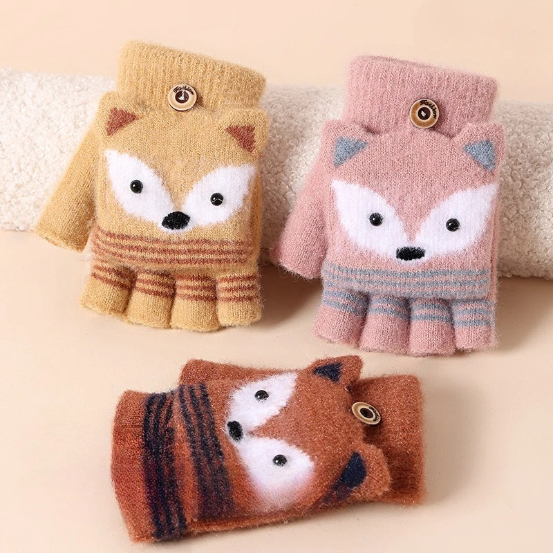 Cartoon-Tier-Handschuhe für Kinder, Flip-Design, Halbfinger-Handschuhe, Fünf-Finger-Winter-Wärmehandschuhe, gestrickt, für 7-9-jährige Jungen und Mädchen, Geschenkidee – Detail 2