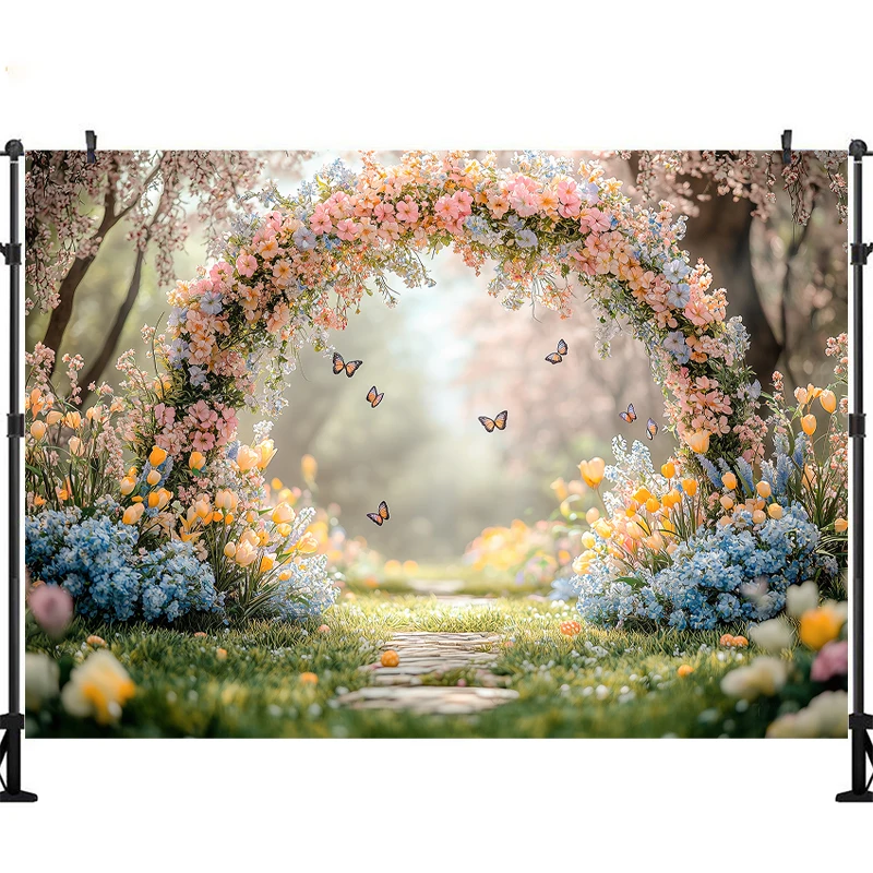 LS Photography Background Spring Easter Garden Pink Floral Butterfly Kids Birthday Portrait Decor Backdrop Photo Studio