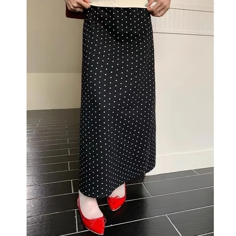 Gonna a pois neri a onde Donna Autunno e inverno Nuova moda Allentata dimagrante a forma di pera Gonne maglione lavorato a maglia di media lunghezza