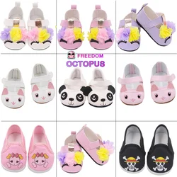 New Lovely PU Leather Canvas Shoes For 43 cm New Born Baby Doll Flower Cartoon Accessories Shoes Fit 17 Inches Dolls Gift