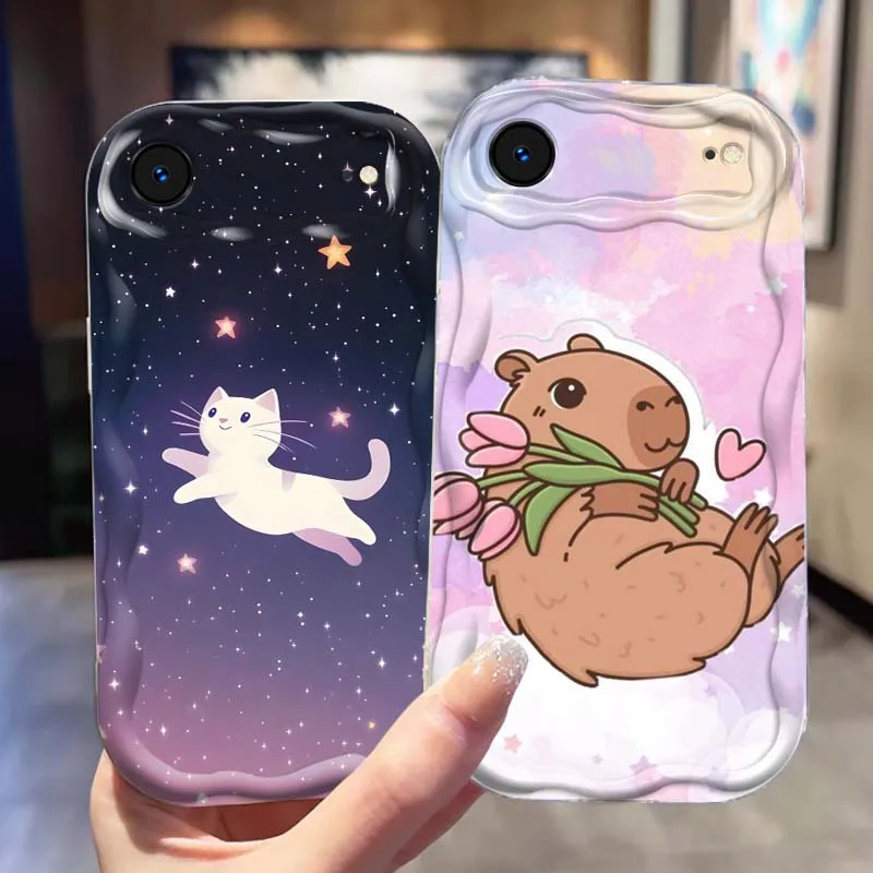 

Capybara Cat Art Cute Phone Case For Apple iPhone 17 16 16E 15 14 13 12 11 XS Air Pro Max Plus Wave Oil Soft Funda