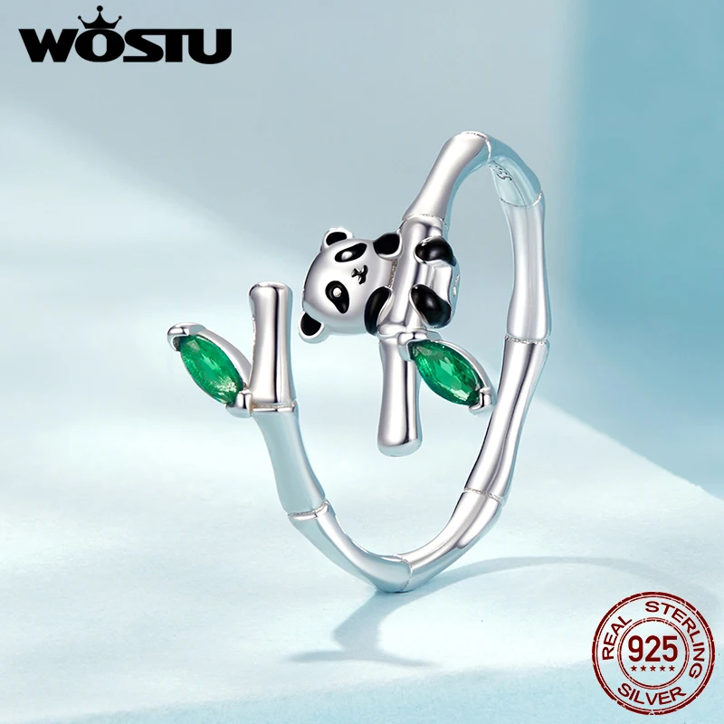 WOSTU Anello aperto in bambù con panda carino in argento sterling 925 placcato in oro bianco per le donne Gioielleria raffinata Festa Data Matrimonio Regalo semplice