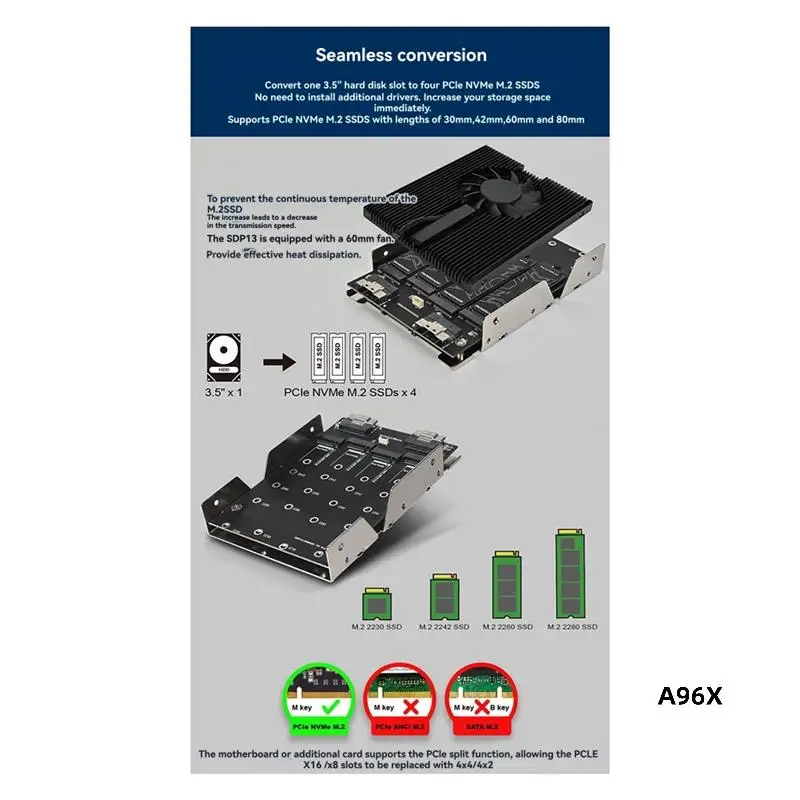

3.5" SSD Hard Drive To 4X PCLE Nvme M.2 Ssdx4 Adapter With 60Mm Fan Sata 15Pin Led Supports PCLE 4.0 64Gbps