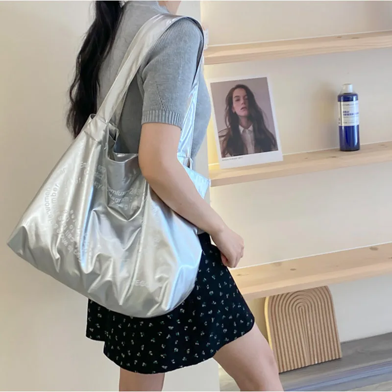 Sliver Color Womens Shoulder Bag Korean Style Fashion Tote Bag Large Capacity Cute Sweet Female Handbag