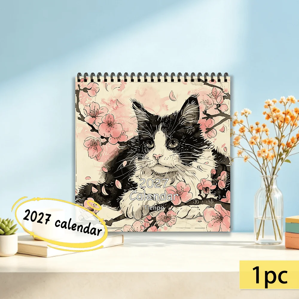 1pc 2027 Ukiyo-e Japanese Style Cat Wall Calendar, 12-Month Monthly Planner, Perfect Gift for Back-to-School,Christmas, New Year